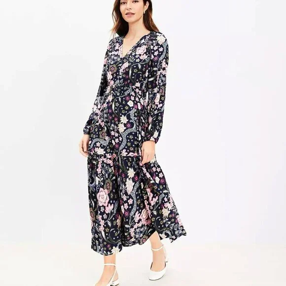 NWT Loft Petite Large Floral Shirred Flounce Long Sleeve Midi Dress - Picture 1 of 10